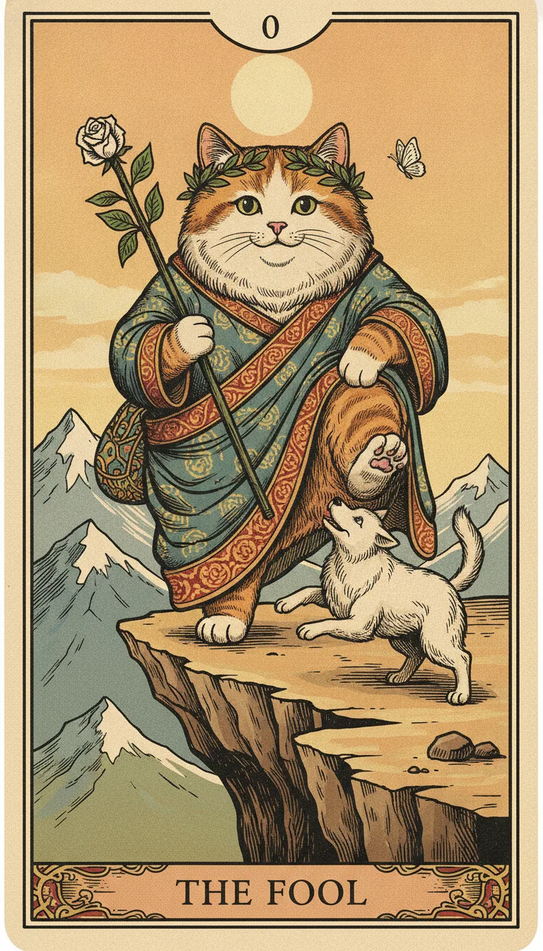 Tranh lá bài 0 - The Fool — phiên bản mèo béo của Tiệm Tarot