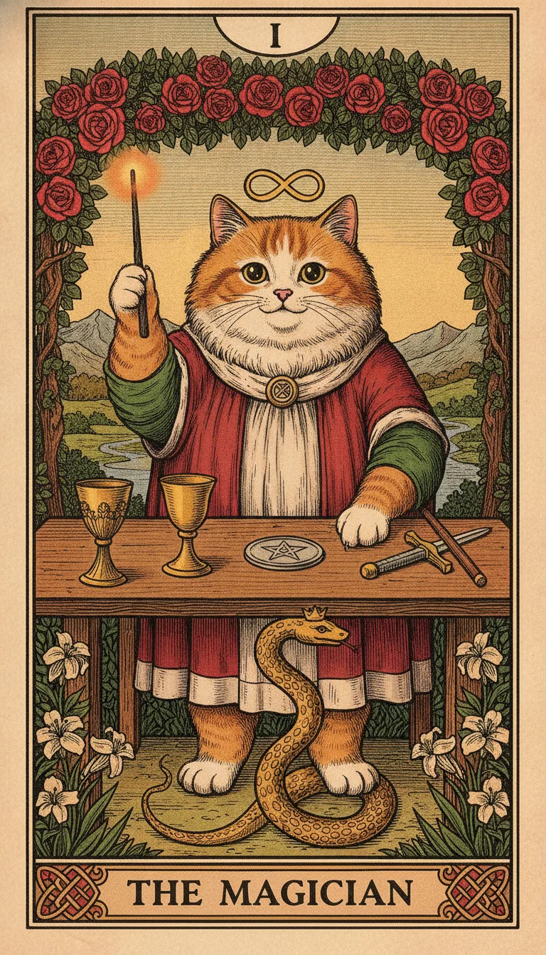 Tranh lá bài I - The Magician — phiên bản mèo béo của Tiệm Tarot