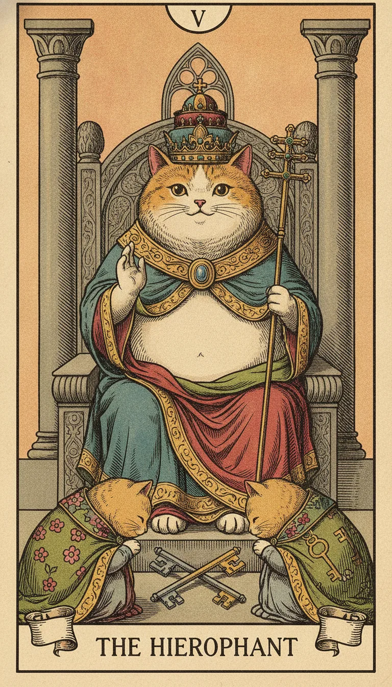 Tranh lá bài V - The Hierophant — phiên bản mèo béo của Tiệm Tarot
