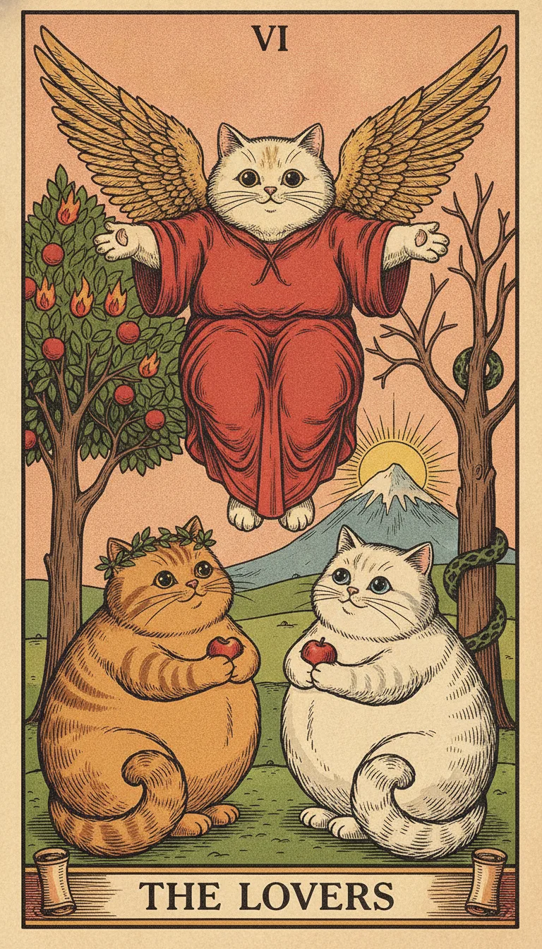 Tranh lá bài VI - The Lovers — phiên bản mèo béo của Tiệm Tarot