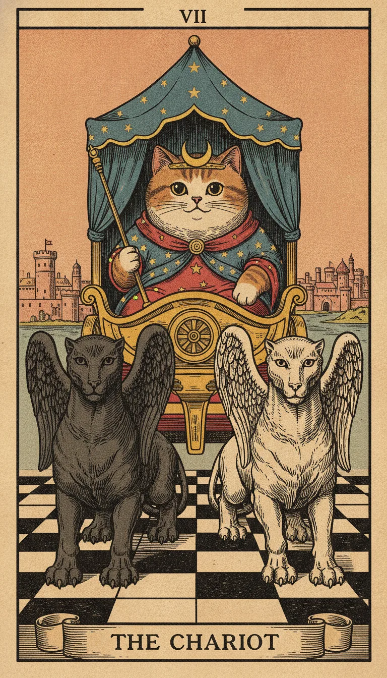 Tranh lá bài VII - The Chariot — phiên bản mèo béo của Tiệm Tarot