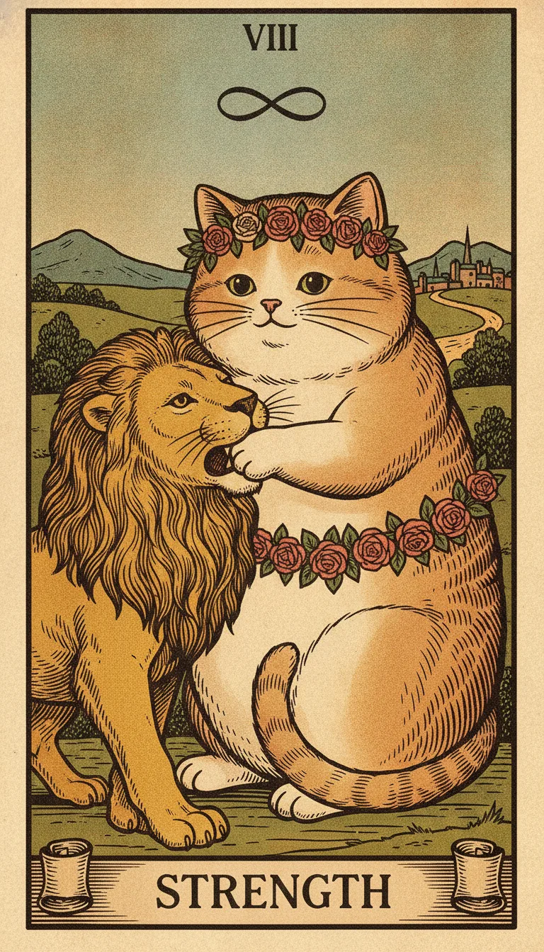 Tranh lá bài VIII - Strength — phiên bản mèo béo của Tiệm Tarot