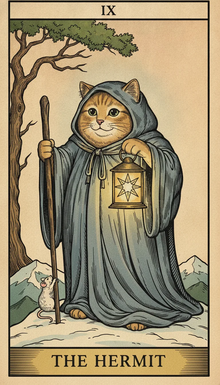 Tranh lá bài IX - The Hermit — phiên bản mèo béo của Tiệm Tarot