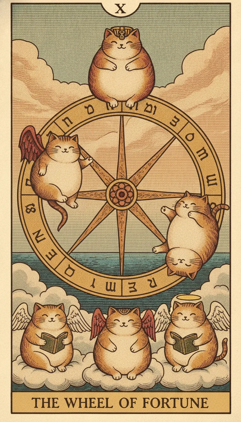 Tranh lá bài X - The Wheel of Fortune — phiên bản mèo béo của Tiệm Tarot