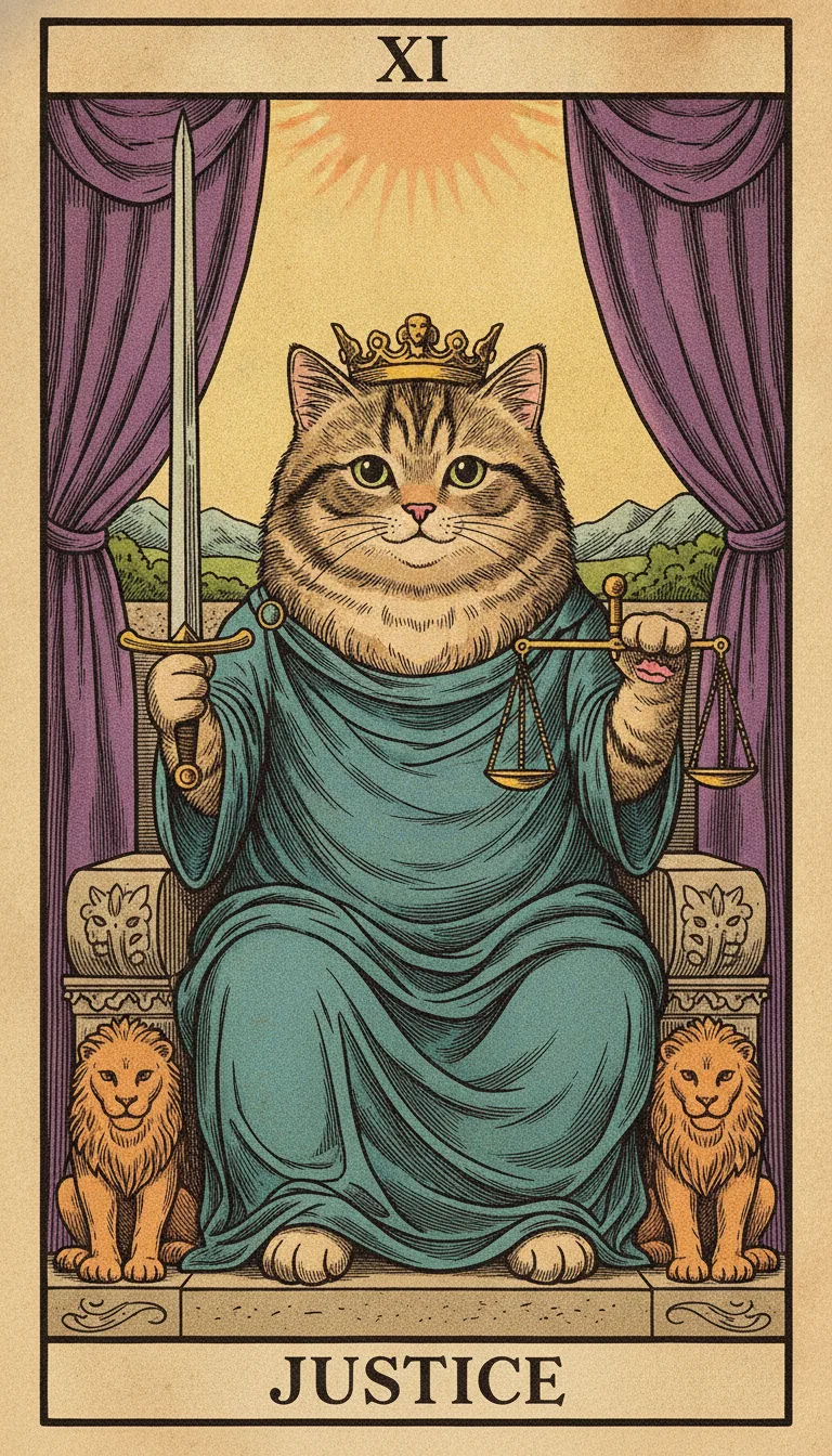 Tranh lá bài XI - Justice — phiên bản mèo béo của Tiệm Tarot