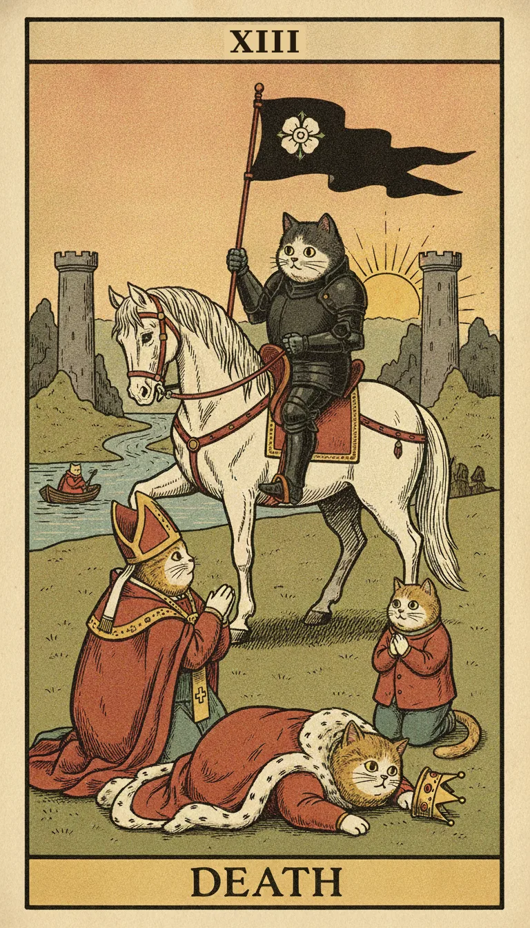 Tranh lá bài XIII - Death — phiên bản mèo béo của Tiệm Tarot