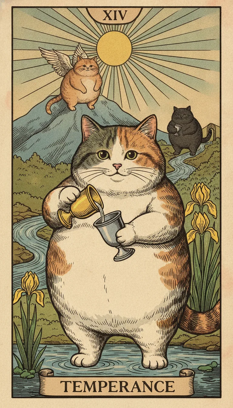 Tranh lá bài XIV - Temperance — phiên bản mèo béo của Tiệm Tarot