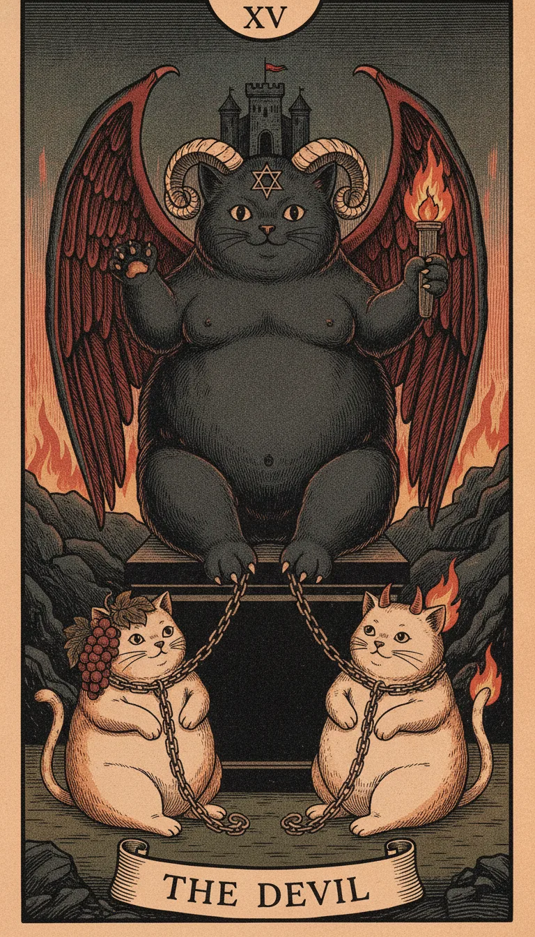 Tranh lá bài XV - The Devil — phiên bản mèo béo của Tiệm Tarot
