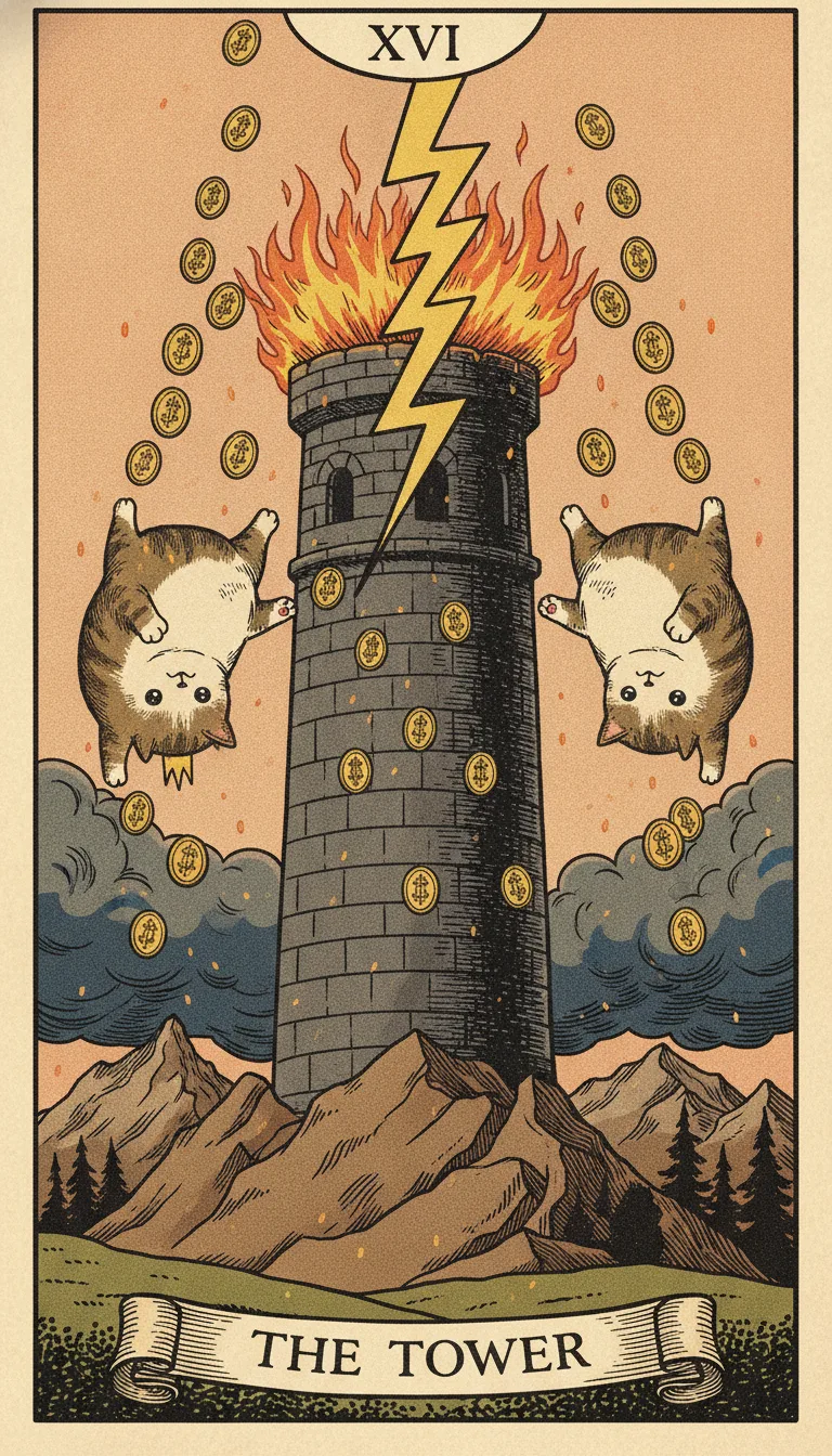 Tranh lá bài XVI - The Tower — phiên bản mèo béo của Tiệm Tarot