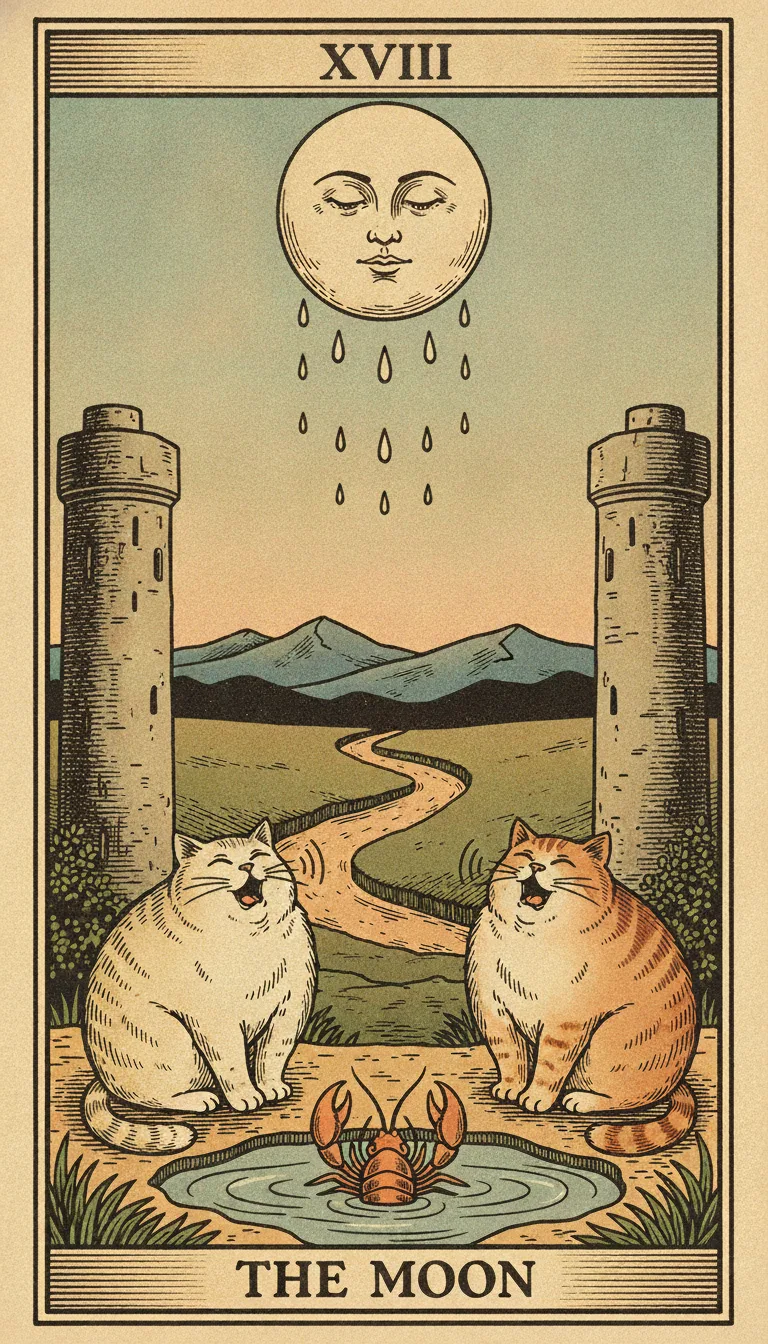 Tranh lá bài XVIII - The Moon — phiên bản mèo béo của Tiệm Tarot