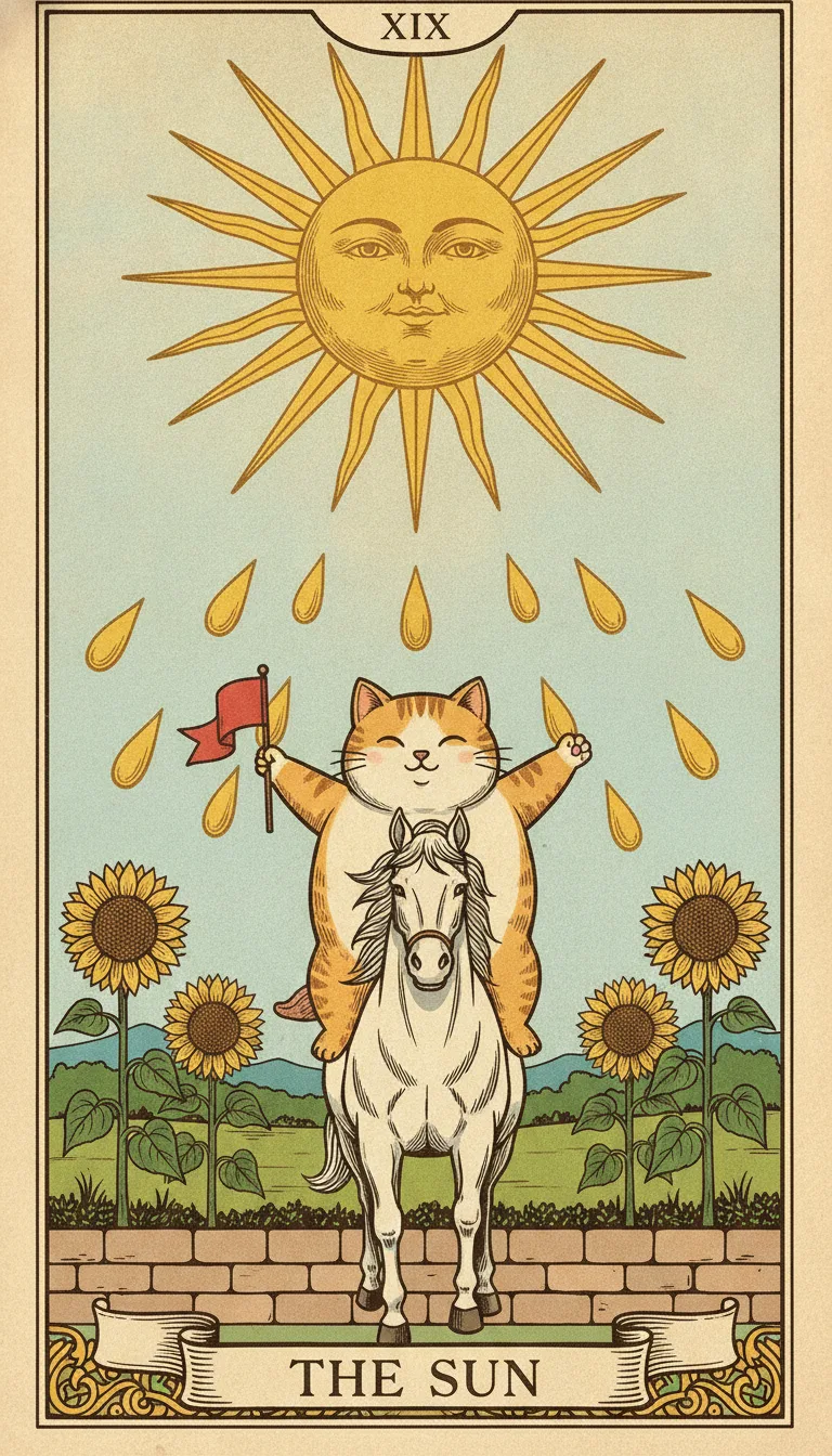 Tranh lá bài XIX - The Sun — phiên bản mèo béo của Tiệm Tarot