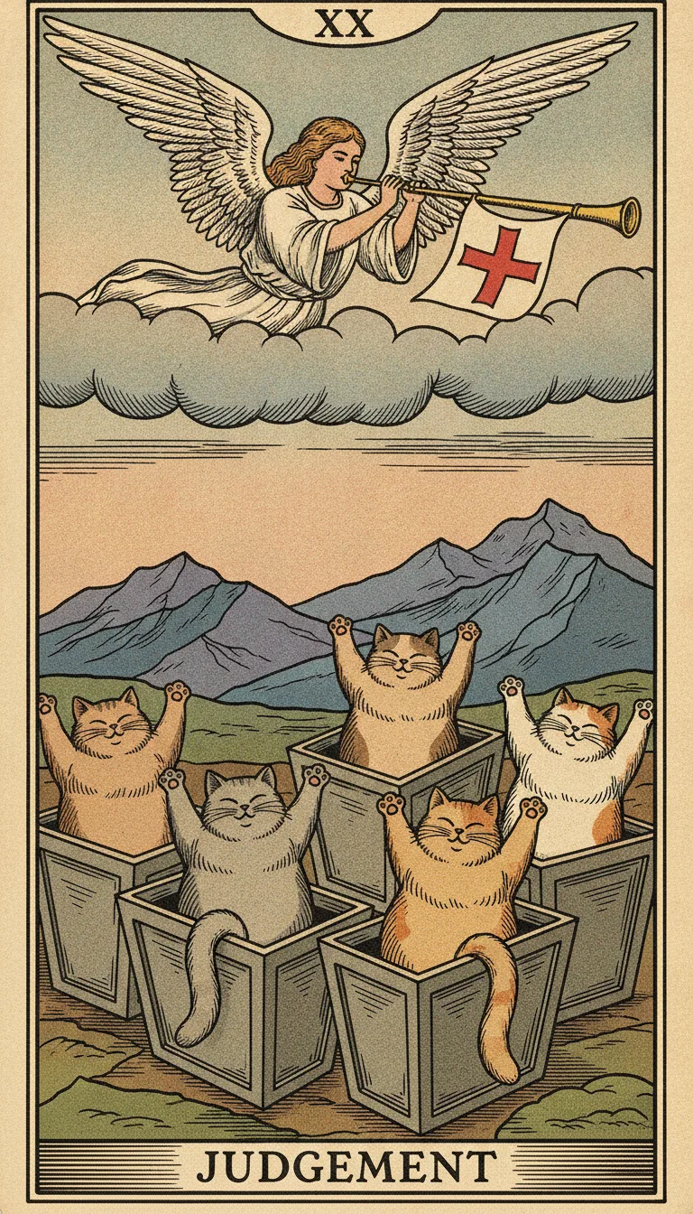 Tranh lá bài XX - Judgement — phiên bản mèo béo của Tiệm Tarot