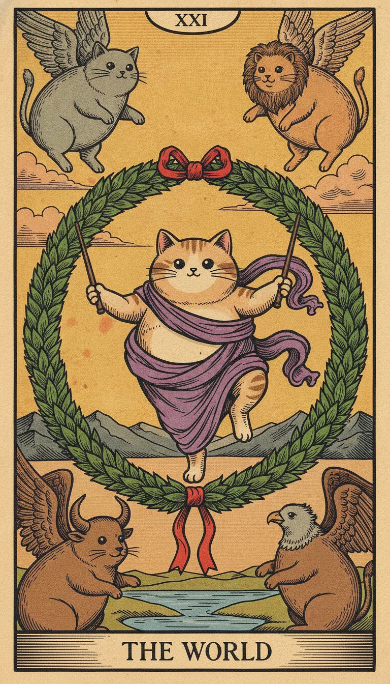 Tranh lá bài XXI - The World — phiên bản mèo béo của Tiệm Tarot