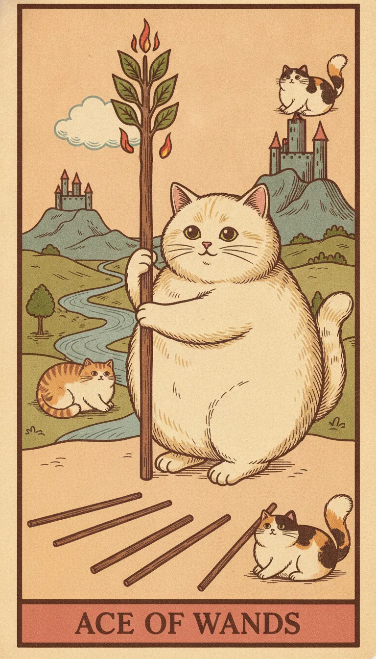 Tranh lá bài Ace of Wands — phiên bản mèo béo của Tiệm Tarot