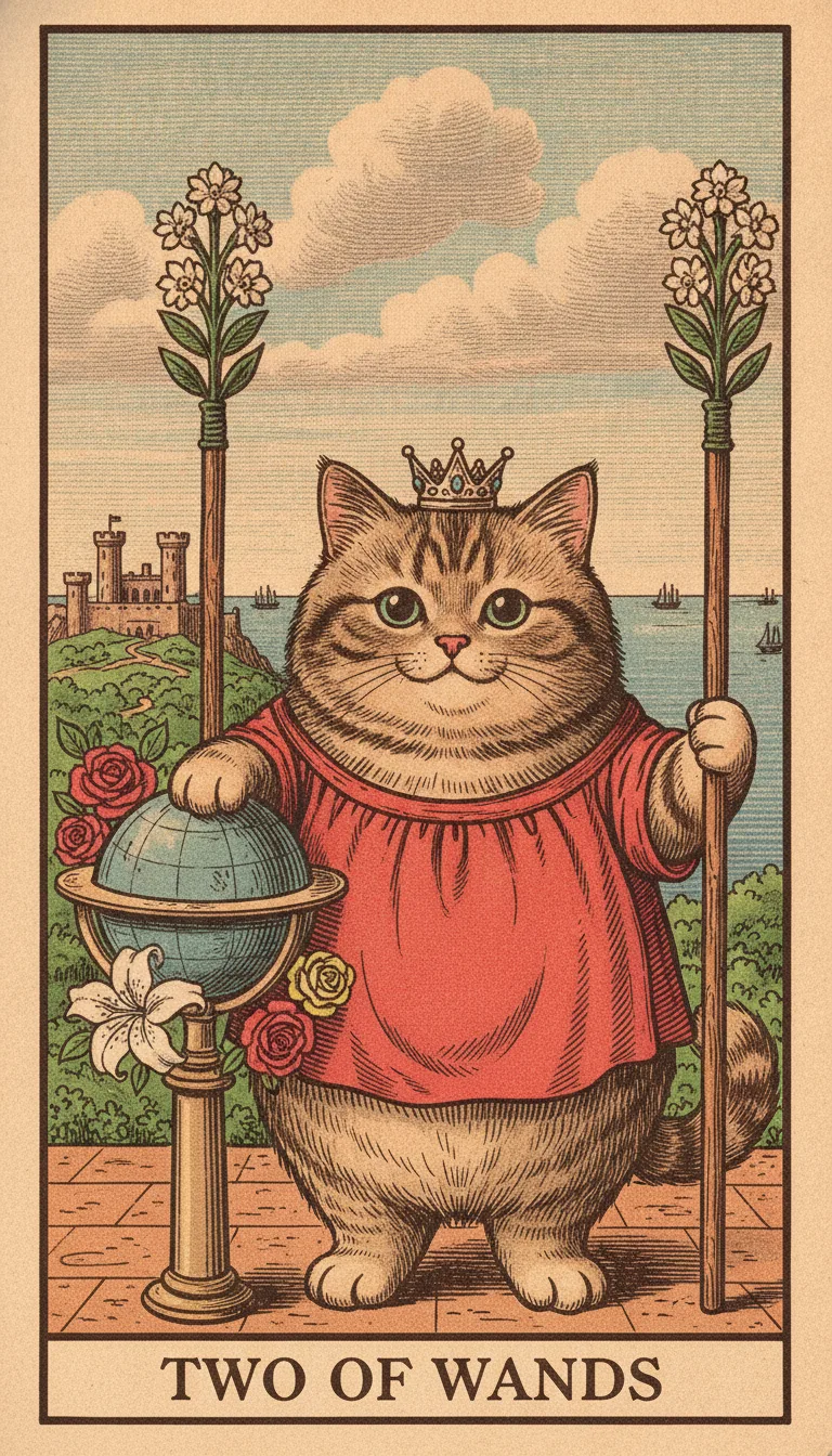 Tranh lá bài Two of Wands — phiên bản mèo béo của Tiệm Tarot