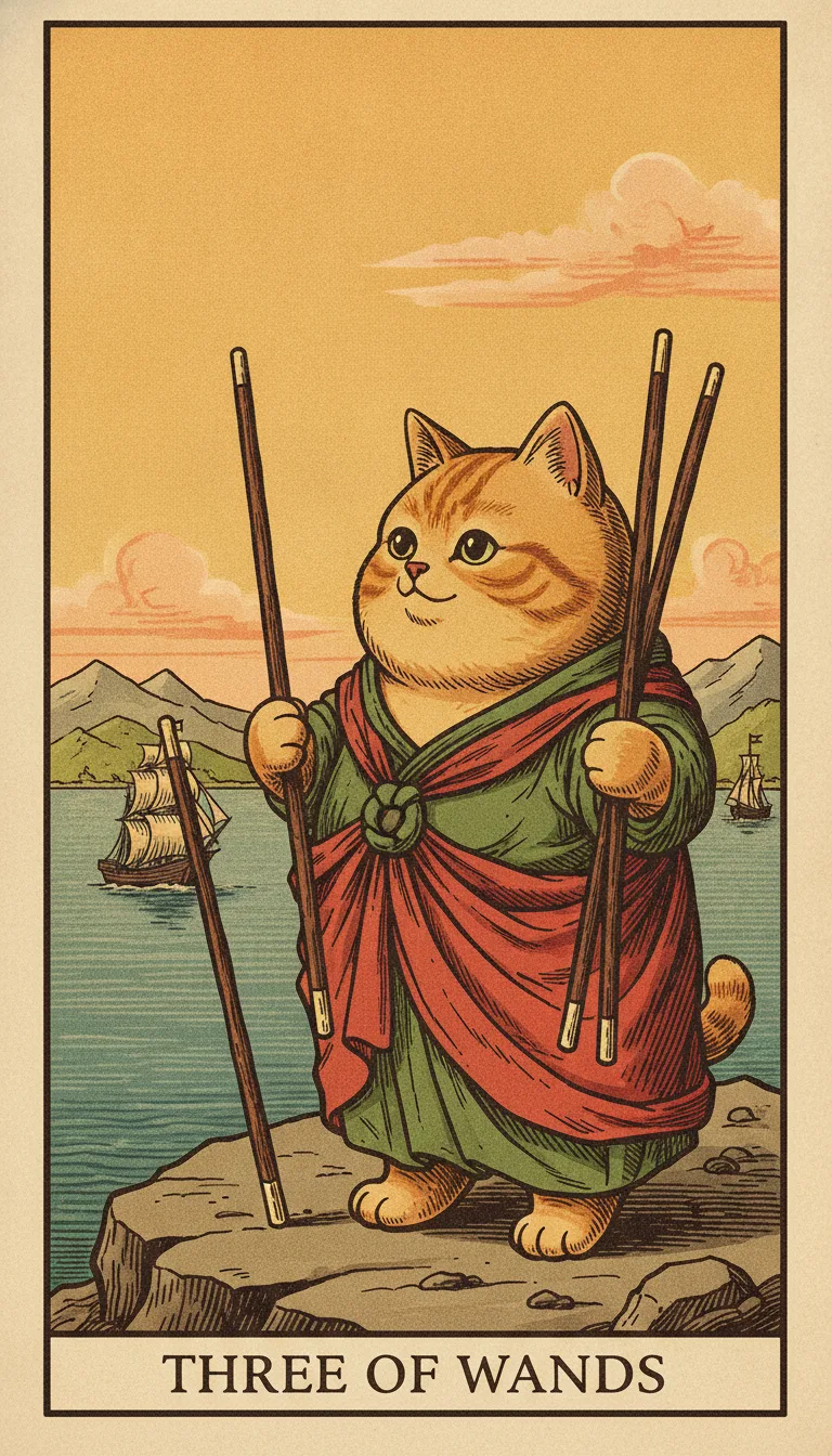 Tranh lá bài Three of Wands — phiên bản mèo béo của Tiệm Tarot