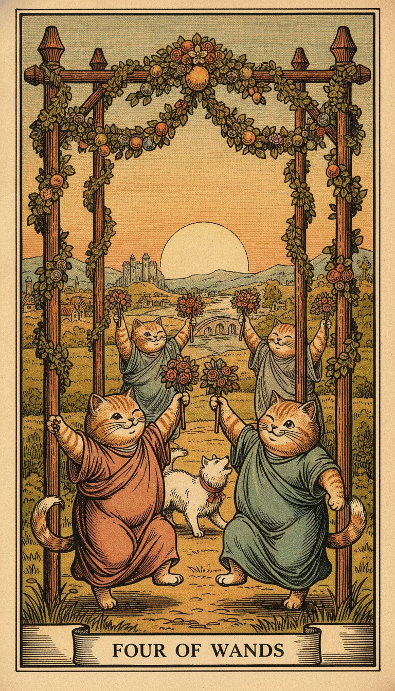 Tranh lá bài Four of Wands — phiên bản mèo béo của Tiệm Tarot