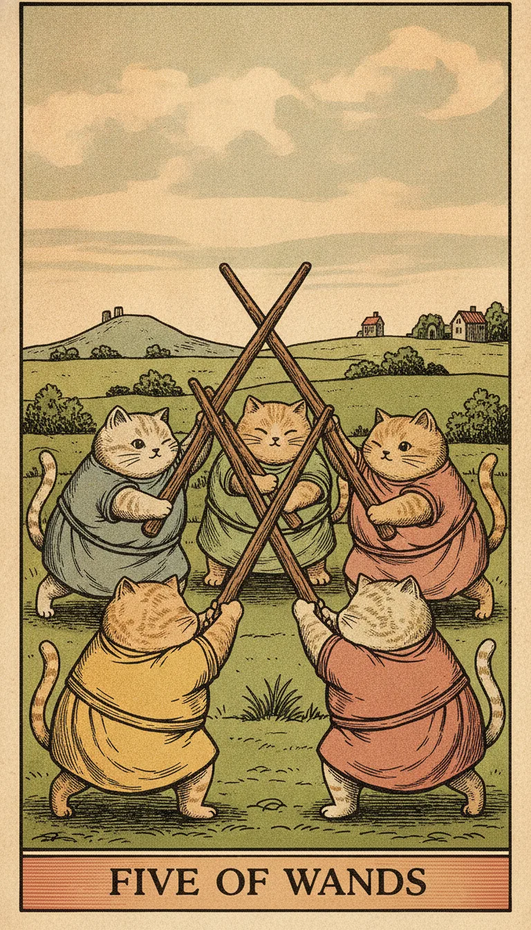 Tranh lá bài Five of Wands — phiên bản mèo béo của Tiệm Tarot