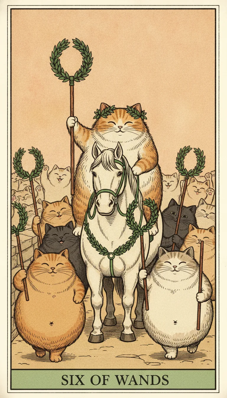 Tranh lá bài Six of Wands — phiên bản mèo béo của Tiệm Tarot
