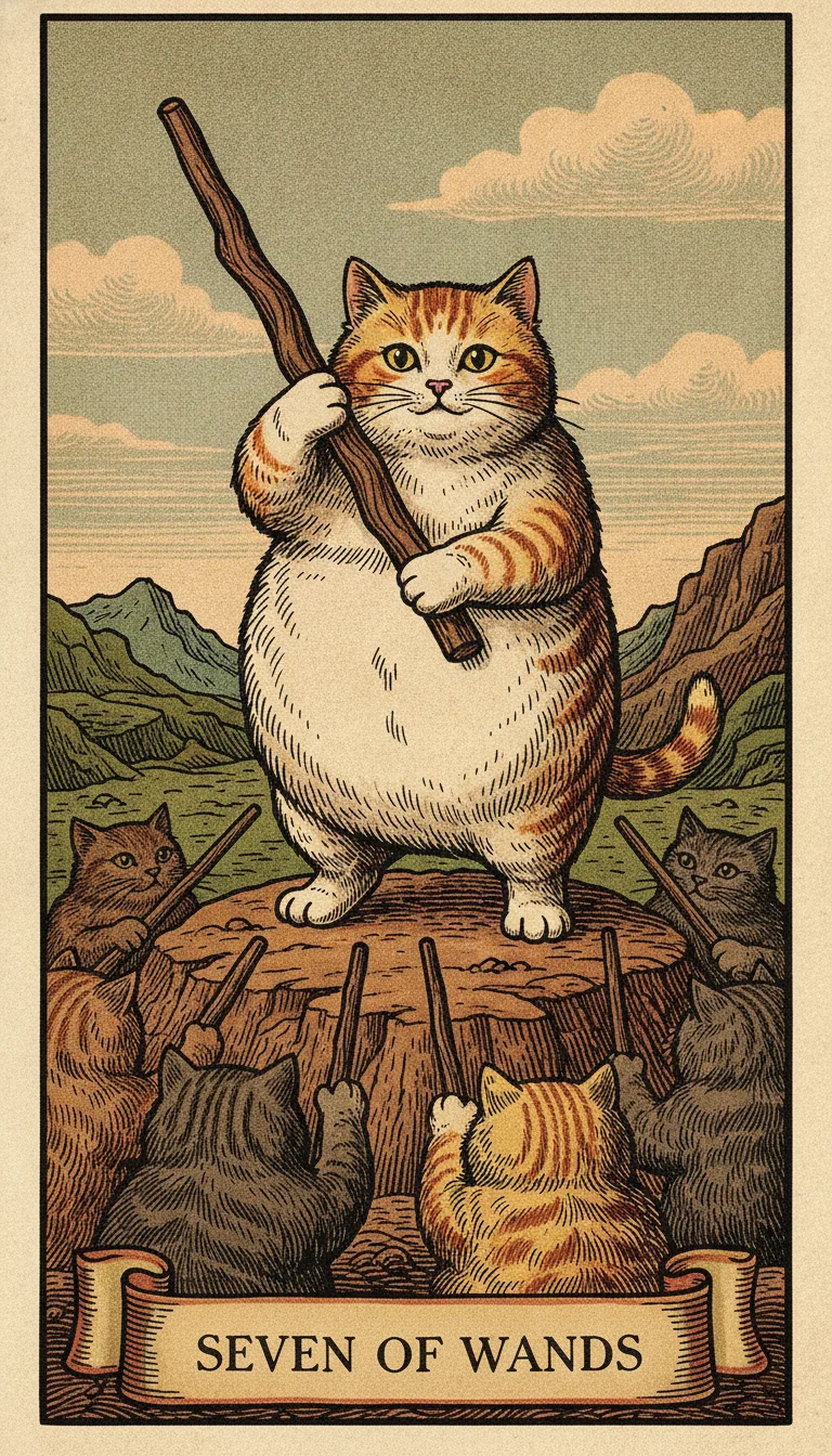 Tranh lá bài Seven of Wands — phiên bản mèo béo của Tiệm Tarot