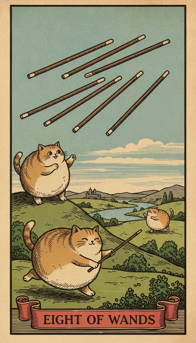 Tranh lá bài Eight of Wands — phiên bản mèo béo của Tiệm Tarot