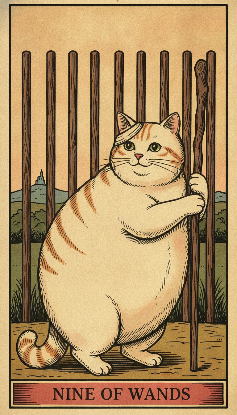 Tranh lá bài Nine of Wands — phiên bản mèo béo của Tiệm Tarot