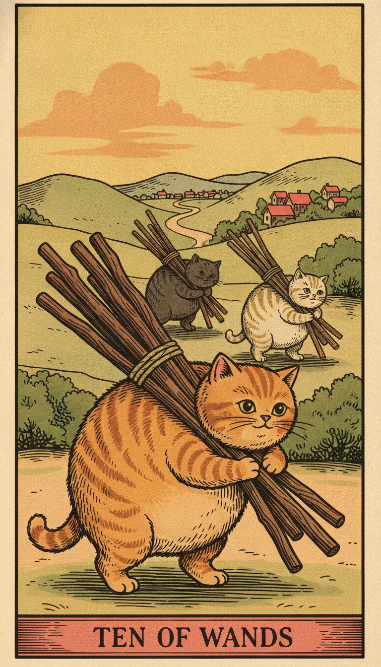 Tranh lá bài Ten of Wands — phiên bản mèo béo của Tiệm Tarot