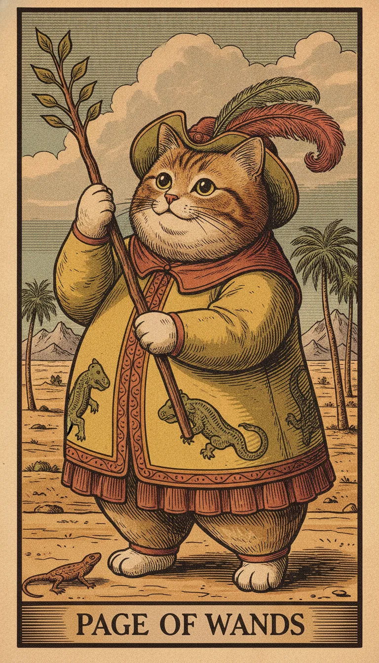 Tranh lá bài Page of Wands — phiên bản mèo béo của Tiệm Tarot