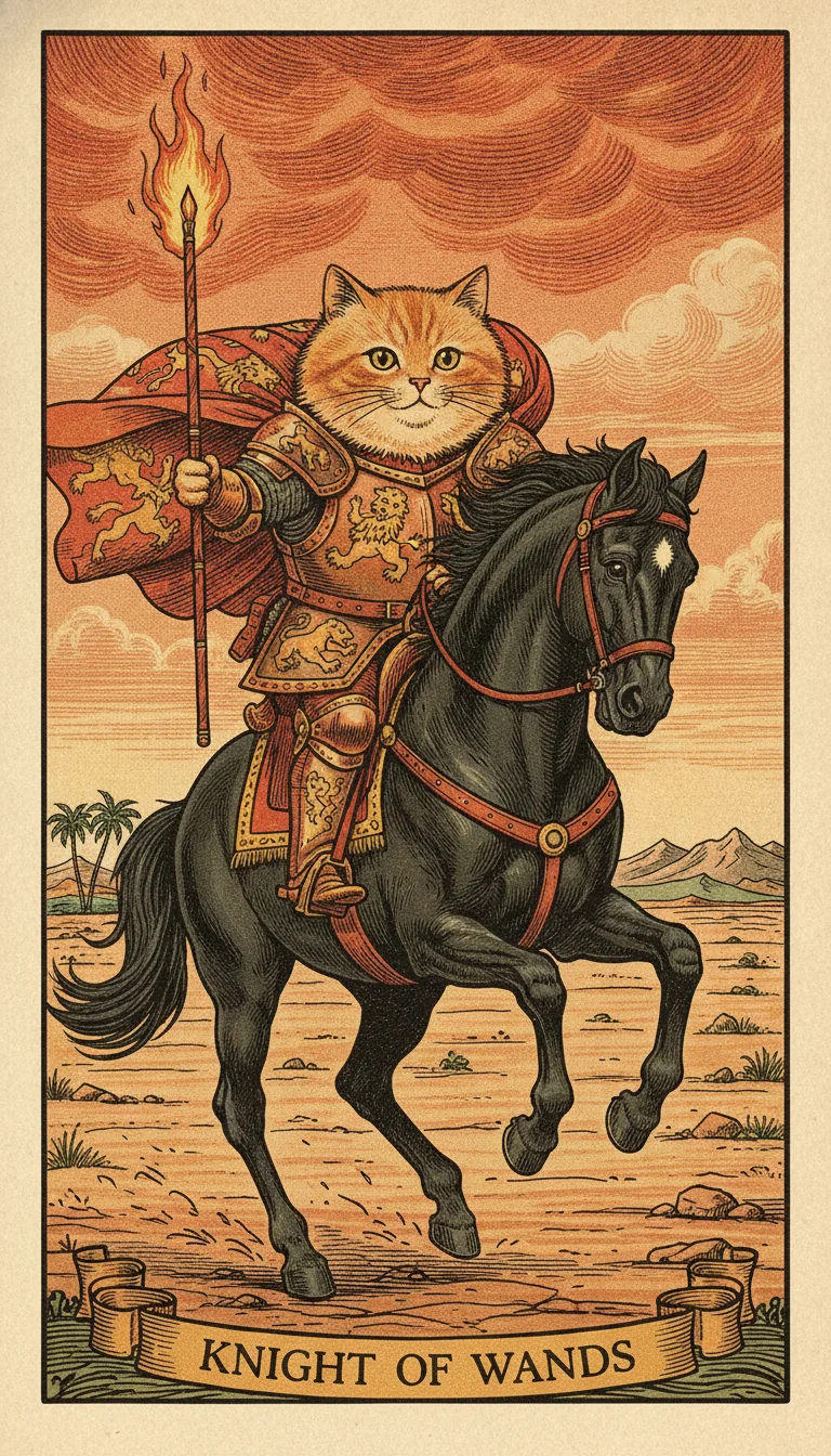 Tranh lá bài Knight of Wands — phiên bản mèo béo của Tiệm Tarot
