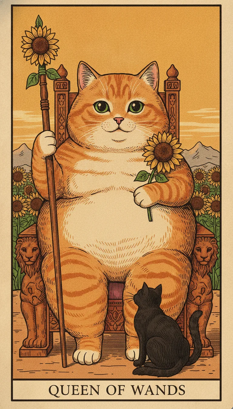 Tranh lá bài Queen of Wands — phiên bản mèo béo của Tiệm Tarot