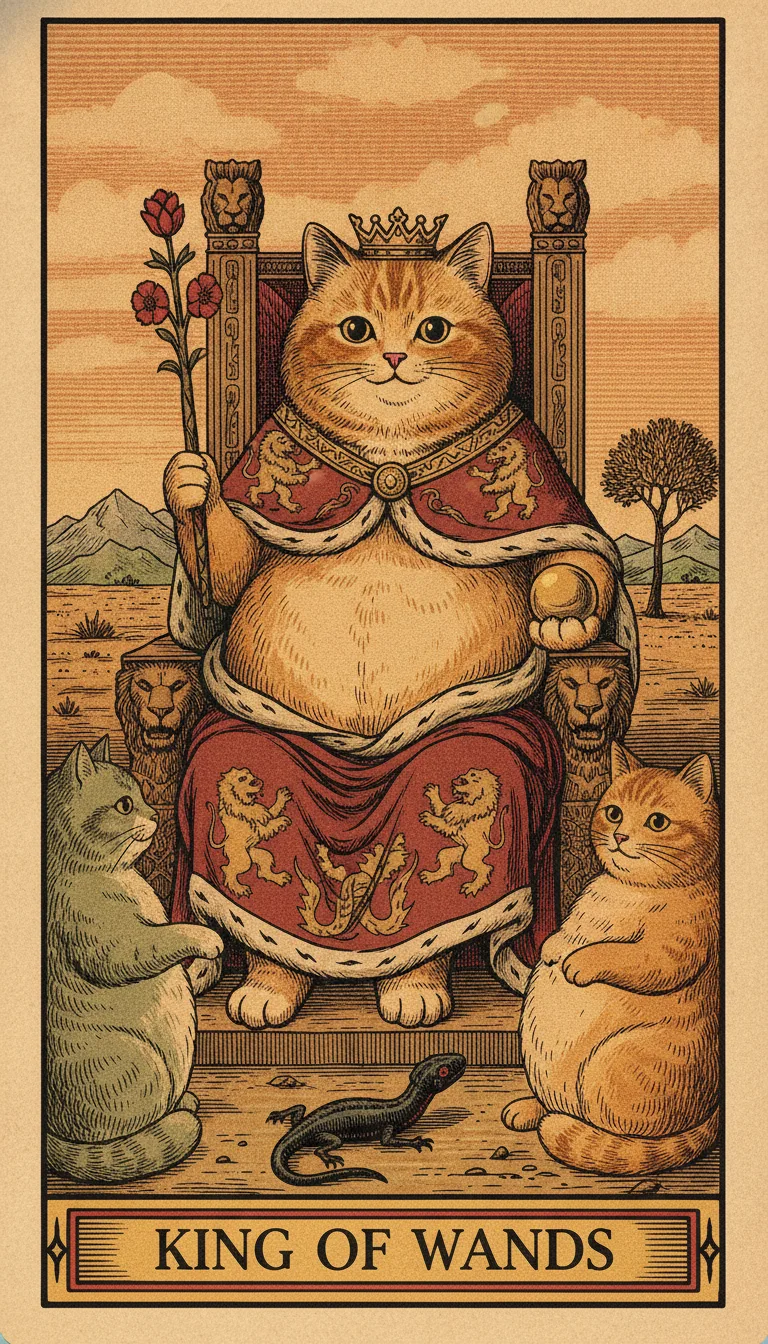 Tranh lá bài King of Wands — phiên bản mèo béo của Tiệm Tarot