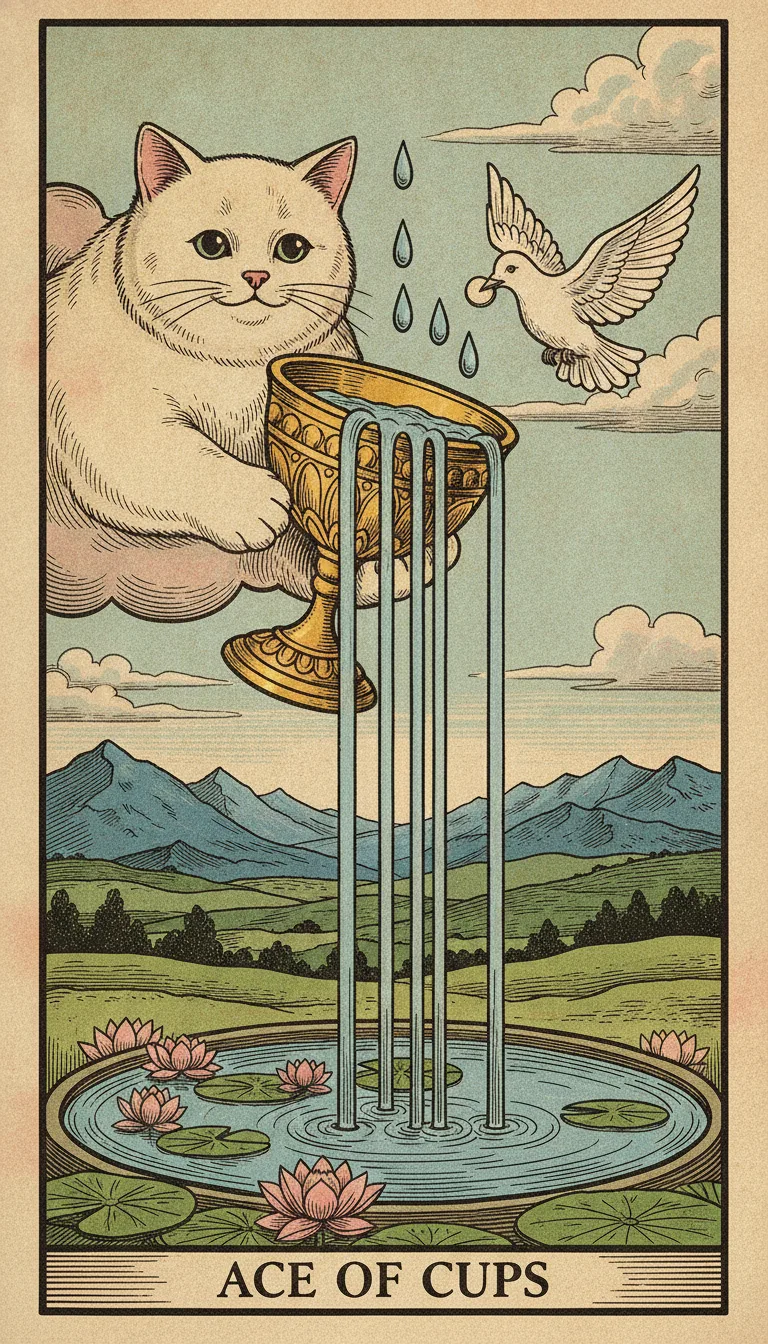 Tranh lá bài Ace of Cups — phiên bản mèo béo của Tiệm Tarot