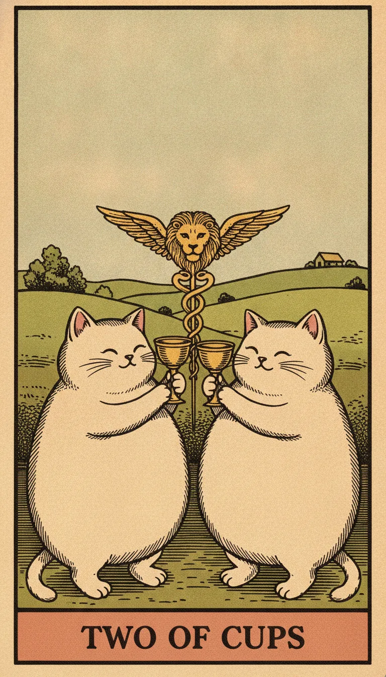 Tranh lá bài Two of Cups — phiên bản mèo béo của Tiệm Tarot