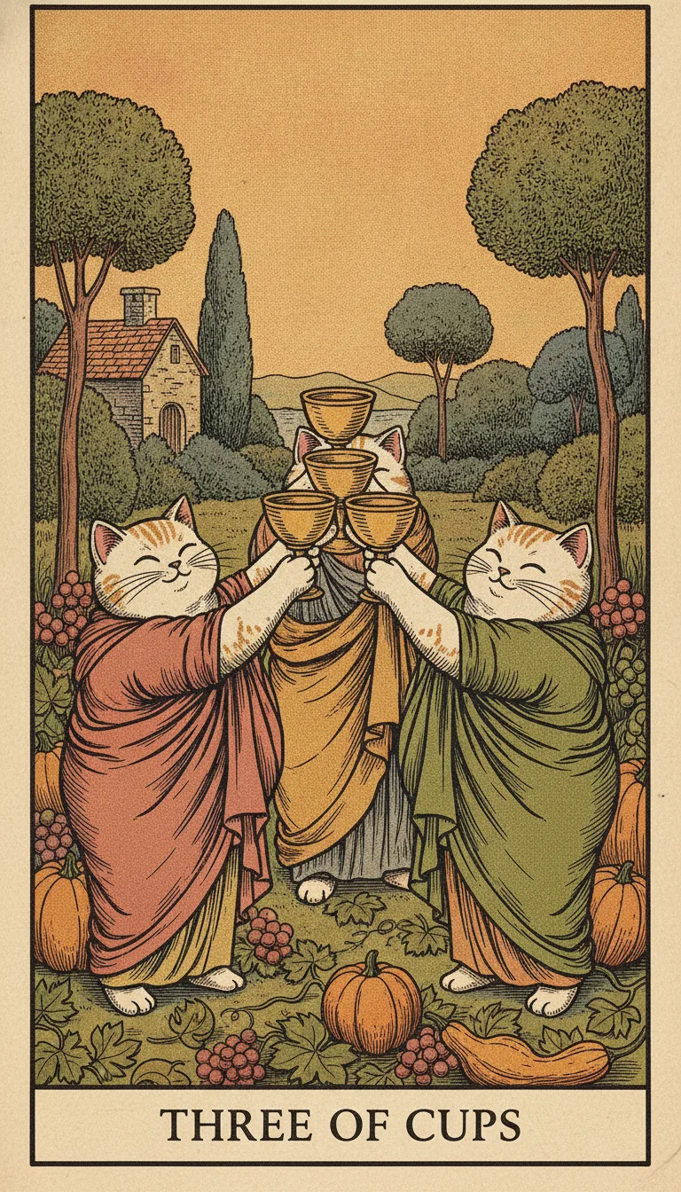 Tranh lá bài Three of Cups — phiên bản mèo béo của Tiệm Tarot