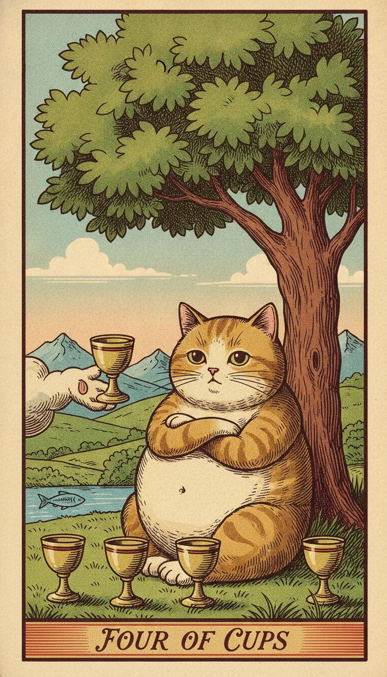 Tranh lá bài Four of Cups — phiên bản mèo béo của Tiệm Tarot