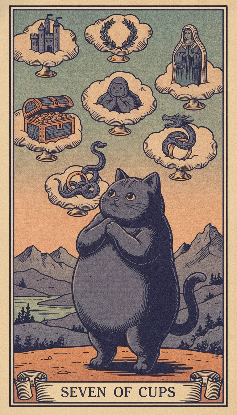 Tranh lá bài Seven of Cups — phiên bản mèo béo của Tiệm Tarot
