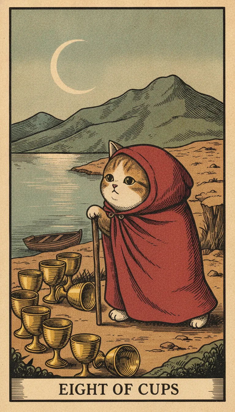 Tranh lá bài Eight of Cups — phiên bản mèo béo của Tiệm Tarot