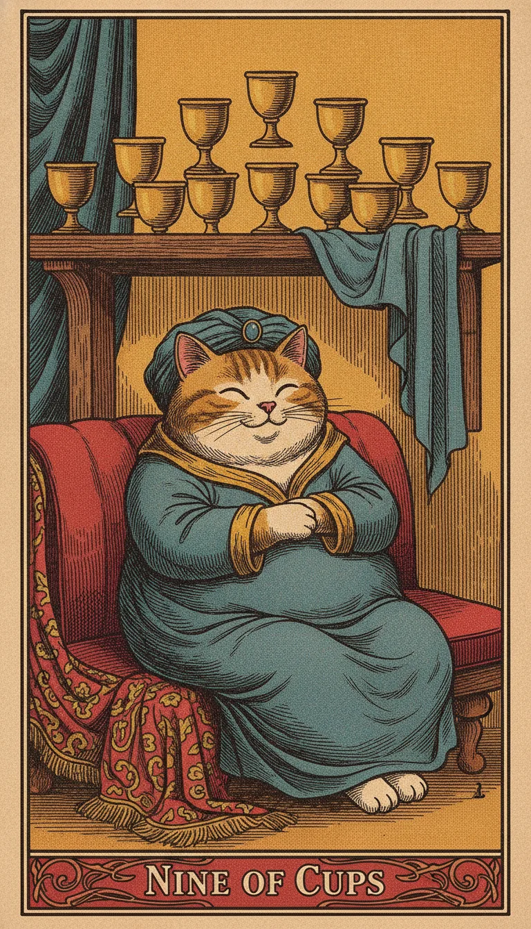 Tranh lá bài Nine of Cups — phiên bản mèo béo của Tiệm Tarot
