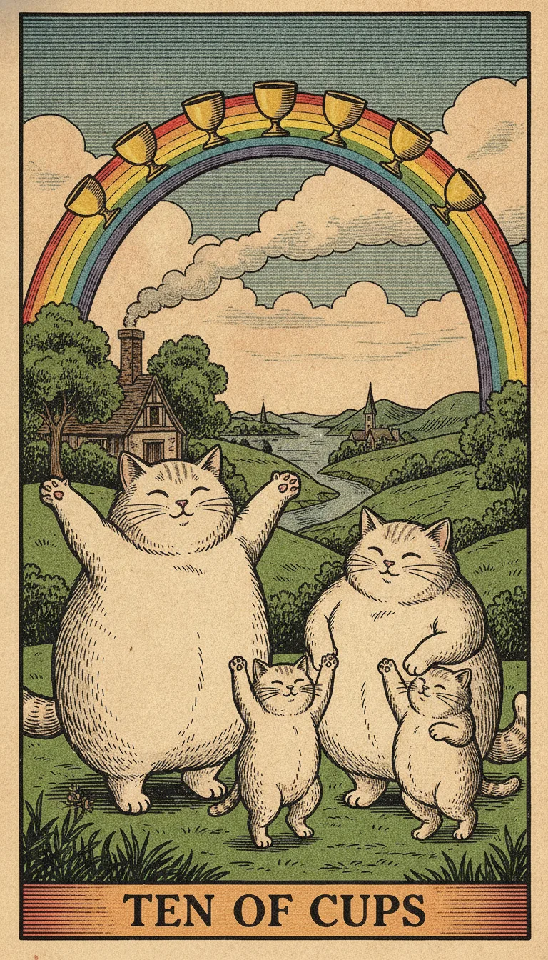 Tranh lá bài Ten of Cups — phiên bản mèo béo của Tiệm Tarot