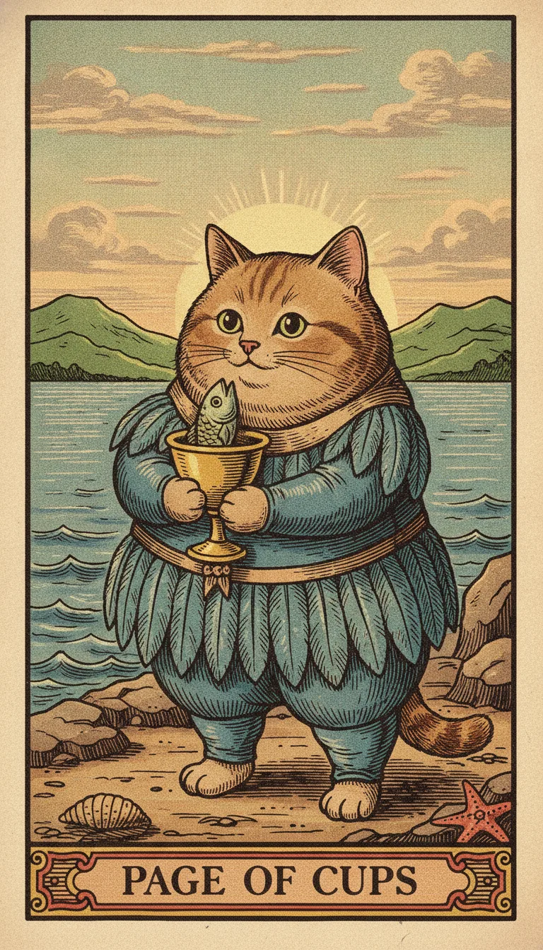 Tranh lá bài Page of Cups — phiên bản mèo béo của Tiệm Tarot