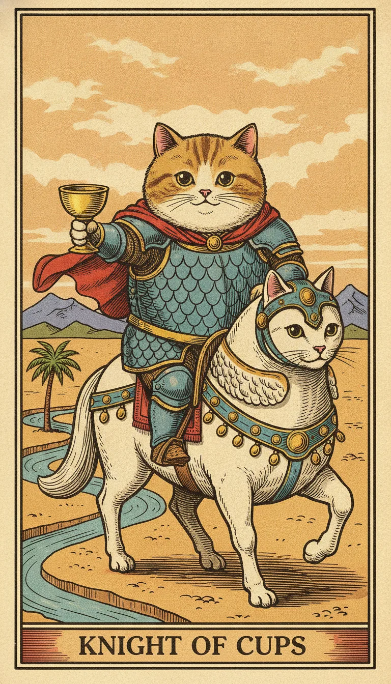Tranh lá bài Knight of Cups — phiên bản mèo béo của Tiệm Tarot