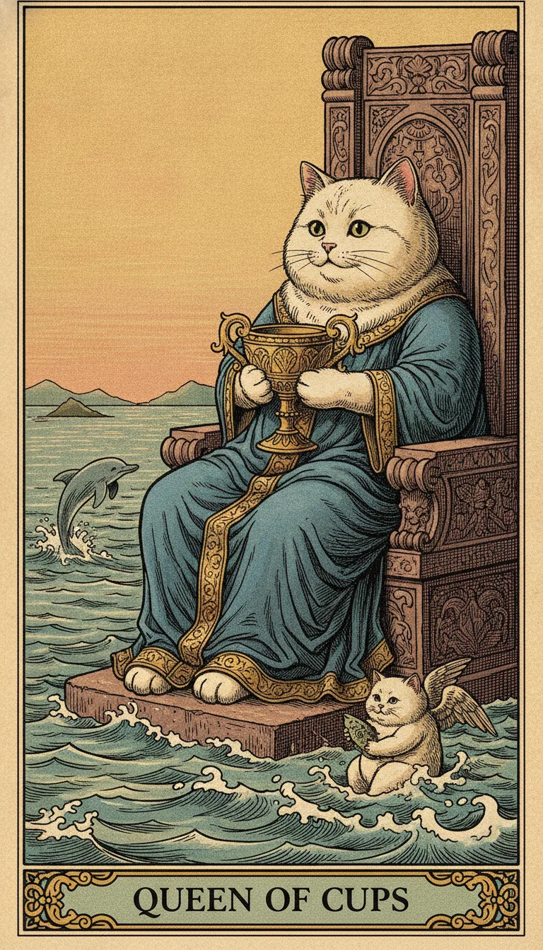 Tranh lá bài Queen of Cups — phiên bản mèo béo của Tiệm Tarot