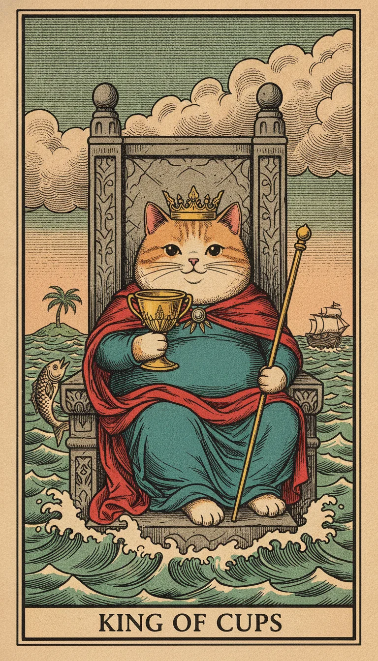 Tranh lá bài King of Cups — phiên bản mèo béo của Tiệm Tarot