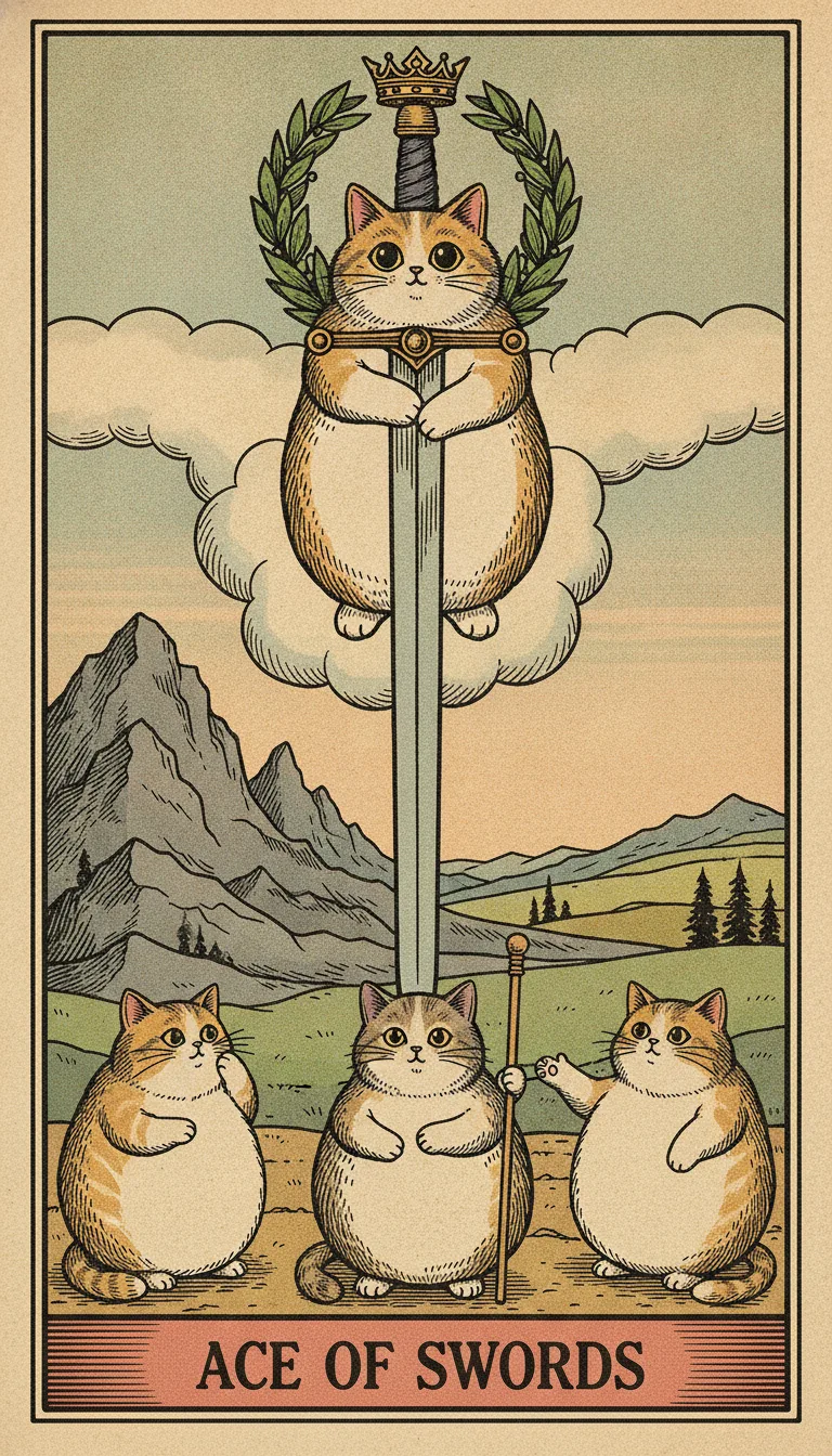 Tranh lá bài Ace of Swords — phiên bản mèo béo của Tiệm Tarot