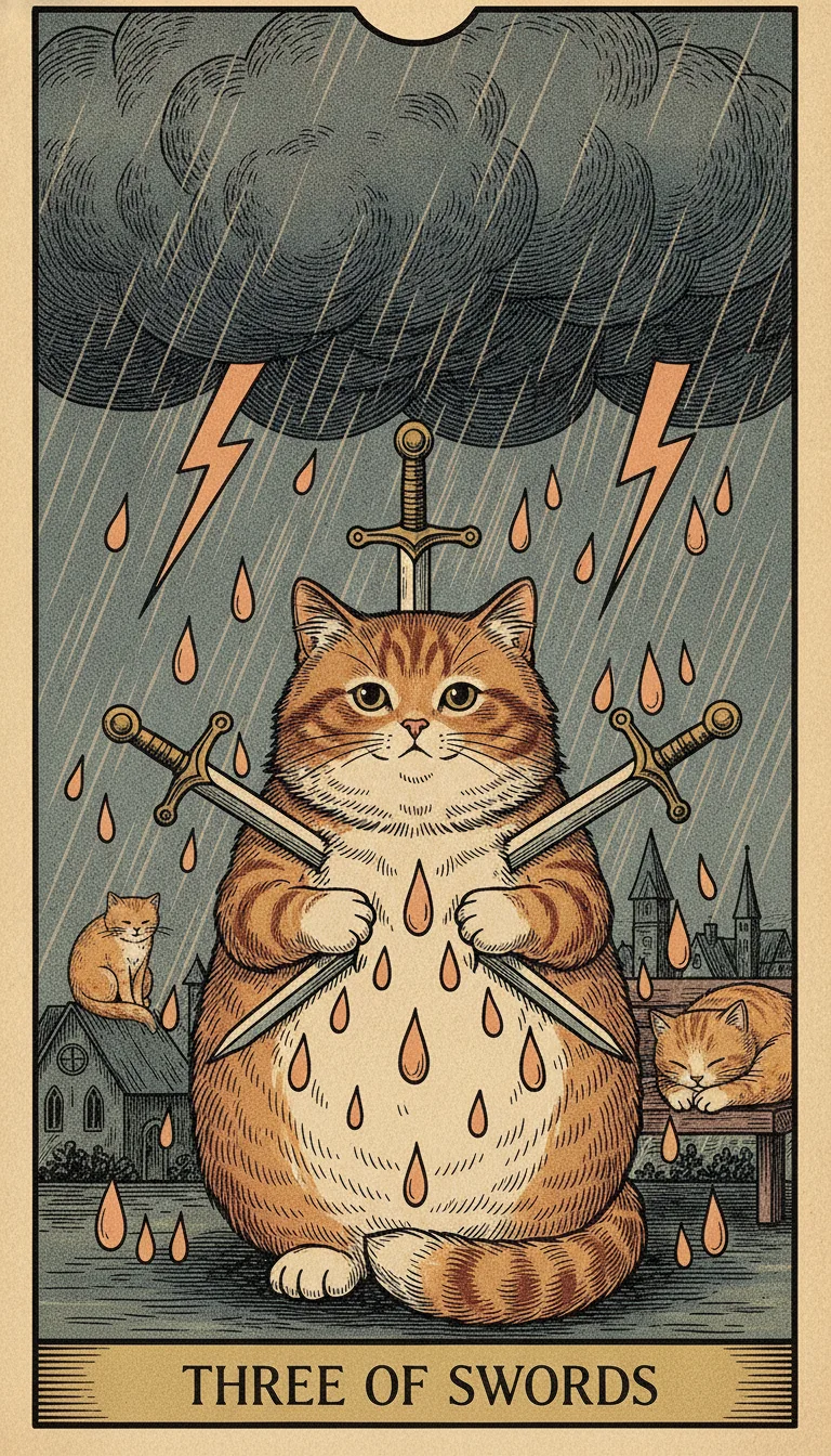 Tranh lá bài Three of Swords — phiên bản mèo béo của Tiệm Tarot