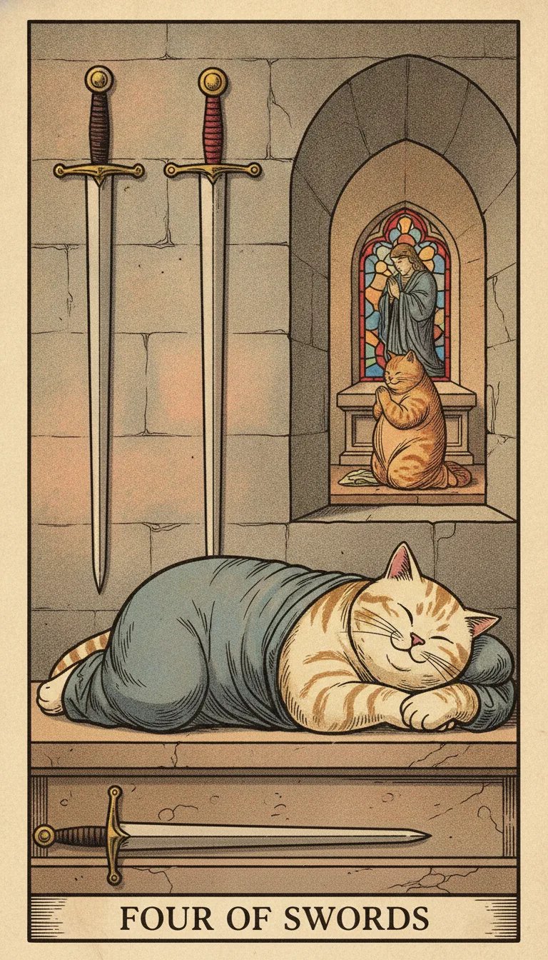 Tranh lá bài Four of Swords — phiên bản mèo béo của Tiệm Tarot
