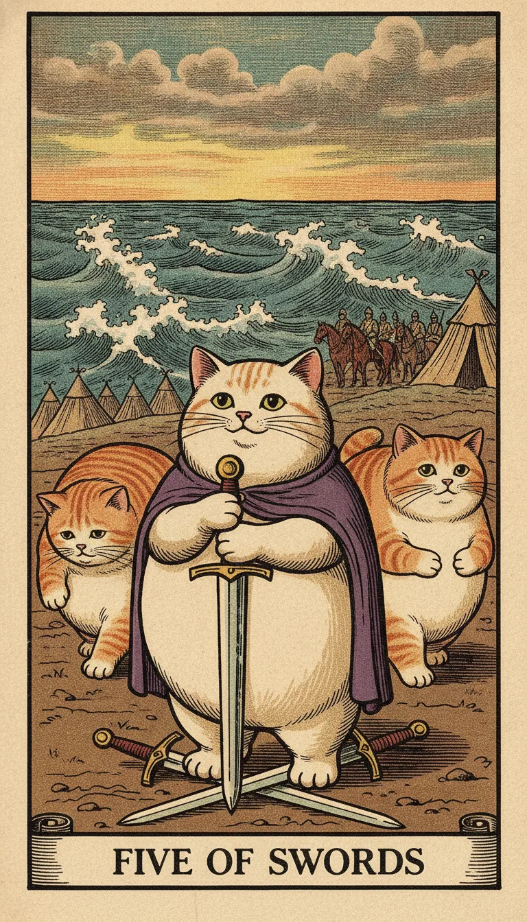 Tranh lá bài Five of Swords — phiên bản mèo béo của Tiệm Tarot