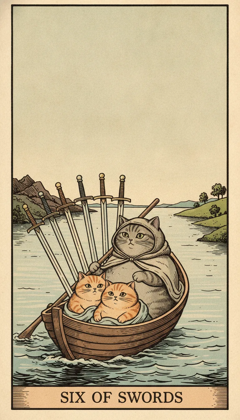 Tranh lá bài Six of Swords — phiên bản mèo béo của Tiệm Tarot