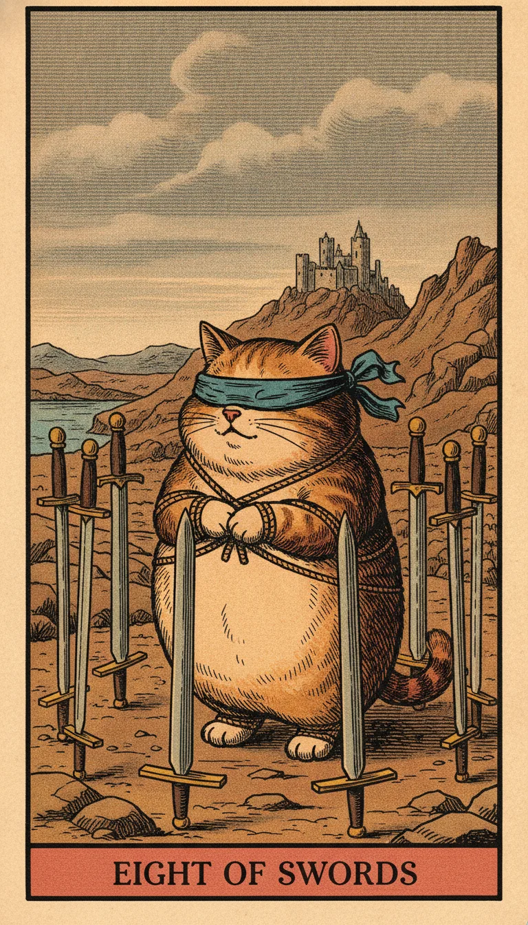 Tranh lá bài Eight of Swords — phiên bản mèo béo của Tiệm Tarot
