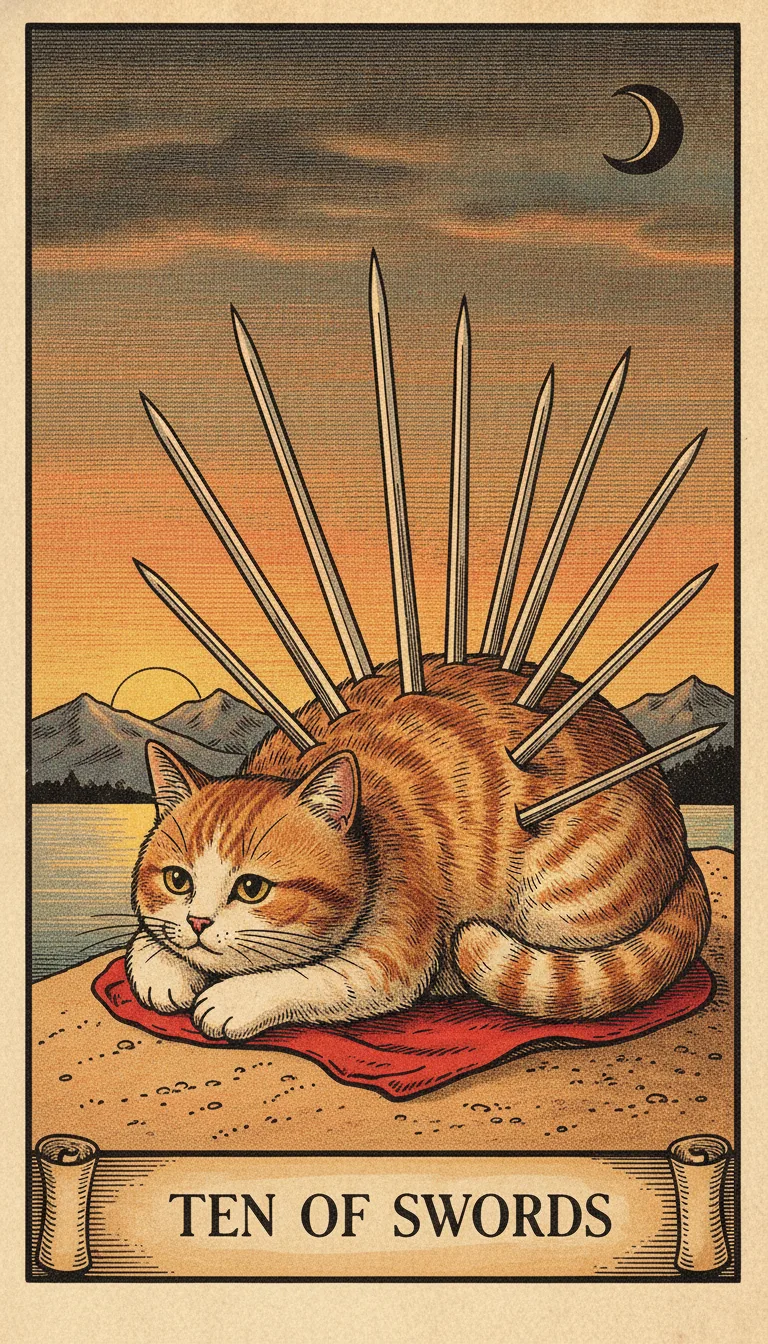 Tranh lá bài Ten of Swords — phiên bản mèo béo của Tiệm Tarot